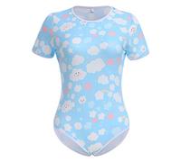 IBAKOM Damen Niedlicher Druck Pyjama Body Kurzarm Strampler Einteiler Nachtwäsche Trikot Nachtwäsche Unterkleidung Schlafanzug Lounge-Wäsche Hellblau XXL