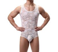 IBAKOM Herren Spitzen Dessous Bodysuit Sissy Ärmellose Unterhemd Body Trikot Crossdresser Nachtwäsche Schlafanzüge Bodysuit Weiß M