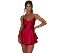 IBAKOM Jumpsuit Damen Sommer Sexy V-Ausschnitt Spaghettiträger Satin Krawatte Rüschen Schicht Minikleid Rückenfrei kurz Strampler Ärmellos Partykleid Clubkleid rot S