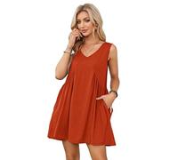 IBAKOM Kleider Damen Sommer Sommerkleid Kurz Ärmellos Freizeitkleid mit Taschen V-Ausschnitt Strandkleid Casual Minikleid Dresses for Women Große Größen Oversize Schlafkleid Nachthemd Ziegelrot XL