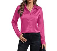 IBAOTORONI Damenhemden, weich, knitterfrei, Satin, Knopfleiste, langärmelig, klassischer Kragen, Business, Freizeit, Seidenblusen, Rosenrot, Klein