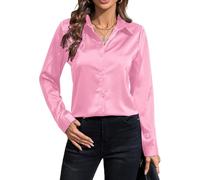 IBAOTORONI Damenhemden, weich, knitterfrei, Satin, Knopfleiste, langärmelig, klassischer Kragen, Business, Freizeit, Seidenblusen, Pink, XX-Large