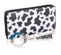 ibasenice Langbörse Damen Pu leder mit Kuhmuster Großes Portemonnaie mit Kartenfächern und Münzfach Inklusive Handlicher Perlen armband schlüsselanhänger mit Quaste Modisches Geschenkset
