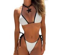 IBIZA VIBE Damen-Bikini-Set, dreieckig, Farbblock, zweiteilig, brasilianischer Badeanzug, Spaghettiträger, zum Binden, Weiss/opulenter Garten, Medium