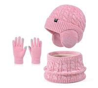 Icegrey 3 in 1 Kinder Wintermütze Schal Handschuhe Set, mit Ohrenschützern, Strickmütze Mütze Set, Warme Winter Beanie Hut Set für Jungen Mädchen 4-10 Jahre, Wassermelone Rot