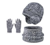 Icegrey 3 in 1 Kinder Wintermütze Schal Handschuhe Set, mit Ohrenschützern, Strickmütze Mütze Set, Warme Winter Beanie Hut Set für Jungen Mädchen 4-10 Jahre, schwarz