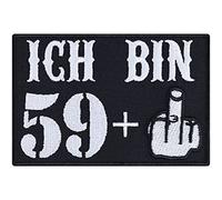 "Ich bin 59+" Geburtstagsgeschenk lustig für Männer mit Mittelfinger Aufnäher/Aufbügler 60er Patch/Bügelbilder Birthday Badge Applikation für alle Stoffe | 90x60mm
