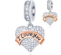 Ich liebe dich für immer Dangle Charms passt Pandora Valentinstag Armband, I Love You Forever Anhänger funkelnd Klar CZ Herz Perlen in 925 Sterling Silber, für Frau/Freundin/Paar Geschenke