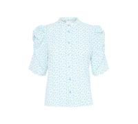 Ichi IXNINA Damen Bluse Shirt Kurzarmbluse mit Knöpfen Puffärmel Regular fit, Größe:40, Farbe:Cloud Dancer w. Blue Flower (204389)