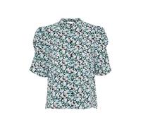 Ichi IXNINA Damen Bluse Shirt Kurzarmbluse mit Knöpfen Puffärmel Regular fit, Größe:40, Farbe:Total Eclipse w. Blue Flowers (204390)