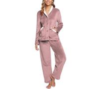 iClosam Damen Schlafanzug Langärmliger mit Knöpfen Einfarbiger Pyjama Warme Zweiteiliger Schlafanzüge Set Flanell Nachtwäsche mit V-Ausschnitt für Winter