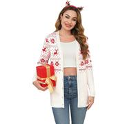 iClosam Damen Strickjacke Weihnachten Cardigan Weihnacht V Ausschnitt mit Knopf Rentiermuster Weihnachtsjacke Lang Strick Weihnachtspulli Langarm mit Schneeflockenmuster