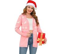iClosam Damen Strickjacke Weihnachten Cardigan Weihnacht V Ausschnitt mit Knopf Rentiermuster Weihnachtsjacke Lang Strick Weihnachtspulli Langarm mit Schneeflockenmuster