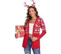 iClosam Damen Strickjacke Weihnachten Cardigan Weihnacht V Ausschnitt mit Knopf Rentiermuster Weihnachtsjacke Lang Strick Weihnachtspulli Langarm mit Schneeflockenmuster