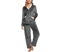 iClosam Flanell Pyjamas Lang Damen Schlafanzug mit V-Ausschnitt Nachtwäsche Zweiteiliger Fleece mit Knöpfen Schlafanzüge für Winter Loungewear Sleepwear Freizeitanzug