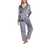 iClosam Fleece Schlafanzüge Damen für Winter Pyjamas Flanell V-Ausschnitt Nachtwäsche Zweiteiliger Langarm mit Taschen Schlafanzug Set Warme Loungewear mit Knöpfen