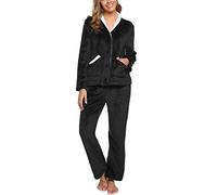 iClosam Nachtwäsche Damen Lang Flanell Schlafanzug Winter Fleece Zweiteiler Pyjama mit V-Ausschnitt Warme Schlafanzüge Set Langarm Loungewear mit Knöpfen