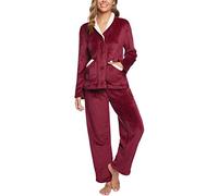 iClosam Pyjama Damen Lang Flanell Schlafanzug Winter Warme Fleece Nachtwäsche Zweiteiler mit Knöpfen V-Ausschnitt Schlafanzüge Set Langarm Loungewear mit Taschen