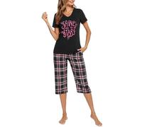 iClosam Schlafanzug Damen Baumwolle Kurz Pyjama Kurzarm Frauen V-Ausschnitt Nachtwäsche Set Zweiteiliger Top Kurzarm und 3/4 Lang Karierte Pyjamahose Loungewear Freizeitanzug Sommer