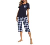iClosam Schlafanzug Damen Baumwolle Kurz Pyjama Kurzarm Frauen V-Ausschnitt Nachtwäsche Set Zweiteiliger Top Kurzarm und 3/4 Lang Karierte Pyjamahose Loungewear Freizeitanzug Sommer
