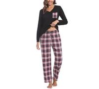 iClosam Schlafanzug Damen Baumwolle Pyjama Set Lang Zweiteiliger Nachtwäsche Langarm Sleepwear und Karierte Pyjamahose Hausanzug Freizeitanzug Loungewear für Winter