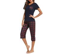 iClosam Schlafanzug Damen Kurz Pyjama Kurzarm Baumwolle Frauen V-Ausschnitt Nachtwäsche Set Zweiteiliger Top Kurzarm und 3/4 Lang Karierte Pyjamahose Loungewear Freizeitanzug für Sommer