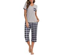 iClosam Schlafanzug Damen Kurz Pyjama Kurzarm Baumwolle Frauen V-Ausschnitt Nachtwäsche Set Zweiteiliger Top Kurzarm und 3/4 Lang Karierte Pyjamahose Loungewear Freizeitanzug für Sommer