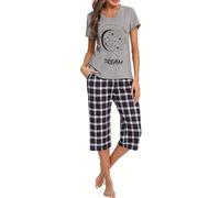 iClosam Schlafanzug Damen Kurz Pyjama Kurzarm Baumwolle V-Ausschnitt Nachtwäsche Set Zweiteiliger Top Kurzarm und 3/4 Lang Karierte Pyjamahose Loungewear Freizeitanzug für Sommer