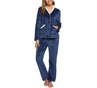 iClosam Schlafanzug Damen Lang Flanell Winter Nachtwäsche Warme Fleece Zweiteiliger Pyjamas mit Knöpfen Einfarbiger V-Ausschnitt Pyjama Set Loungewear Freizeitanzug