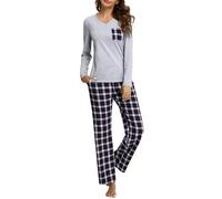 iClosam Schlafanzug Damen Lang Pyjama Set Winter Baumwolle V-Ausschnitt Zweiteiliger Nachtwäsche Langarm Sleepwear und Karierte Pyjamahose Loungewear Freizeitanzug