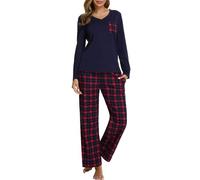 iClosam Schlafanzug Damen Lang Pyjama Set Winter Baumwolle V-Ausschnitt Zweiteiliger Nachtwäsche Langarm Sleepwear und Karierte Pyjamahose Loungewear Freizeitanzug