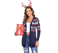 iClosam Weihnachten Strickjacke Damen Langarm Weihnacht Cardigan V Ausschnitt mit Knöpfen Weihnachtsjacke Rentiermuster Lang Strick Weihnachtspulli mit Schneeflockenmuster