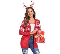 iClosam Weihnachten Strickjacke Damen Langarm Weihnacht Cardigan V Ausschnitt mit Knöpfen Weihnachtsjacke Rentiermuster Lang Strick Weihnachtspulli mit Schneeflockenmuster