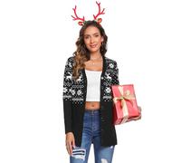 iClosam Weihnachten Strickjacke Damen Langarm Weihnacht Cardigan V Ausschnitt mit Knopf Weihnachtsjacke Rentiermuster Lang Strick Weihnachtspulli mit Schneeflockenmuster