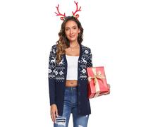 iClosam Weihnachten Strickjacke Damen Langarm Weihnacht Cardigan V Ausschnitt mit Knopf Weihnachtsjacke Rentiermuster Lang Strick Weihnachtspulli mit Schneeflockenmuster