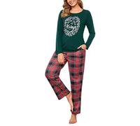 iClosam Weihnachts Schlafanzug Damen Weihnachten Pyjama Lang Baumwolle Christmas Pyjamas Set für Frauen Langarm Nachtwäsche Karierte S-XXL