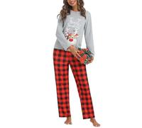 iClosam Weihnachts Schlafanzug Damen Weihnachten Pyjama Lang Baumwolle Christmas Pyjamas Set für Frauen Langarm Nachtwäsche Karierte S-XXL