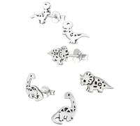 ICYROSE 925 Sterling Silber Set mit 3 Paaren sortiert Dinosaurier und Freunde Jurassic Ohrstecker (nickelfrei) T-Rex, Tyrannosaurus, Brachiosaurus, Triceratops, klein, Sterlingsilber, kein Edelstein