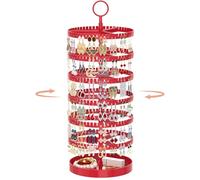 iDavosic.ly 6-stufige Ohrringaufbewahrung mit Metallschale, verstellbarer Ohrringhalter aus Kunststoff, Ohrringständer mit 342 Rillen, drehbarer Ohrstecker-Schmuckständer-Baum, rot