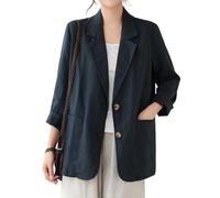 IDEALSANXUN Baumwoll-Leinen-Blazer für Damen, Frühling, Sommer, langärmelig, leicht, Business, Freizeit, Jacken, Tops, Marineblau, S