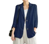 IDEALSANXUN, lässiger Damen-Blazer aus Baumwolle/Leinen, langärmelig, lockere Passform, Marineblau, L