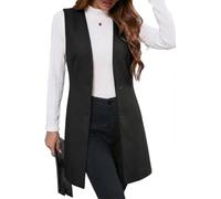 IDEALSANXUN Lange karierte Weste für Damen, Herbst, Winter, Trenchcoat, ärmellos, Blazer, Jacke, Cardigan, Wollweste, Oberteil, Weste, Pure Black, Small
