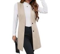 IDEALSANXUN Lange karierte Weste für Damen, Herbst, Winter, Trenchcoat, ärmellos, Blazer, Jacke, Cardigan, Wollweste, Oberteil, Weste, Pure Beige, Medium