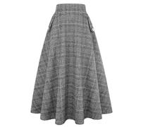 IDEALSANXUN Langer Damenrock für Herbst und Winter, hohe Taille, Wolle, kariert, A-Linie, Kariertes Gitter, schwarz, Klein