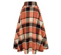 IDEALSANXUN Langer Damenrock für Herbst und Winter, hohe Taille, Wolle, kariert, A-Linie, Karomuster, Orange, X-Groß