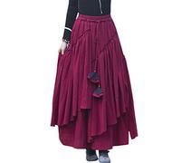 IDEALSANXUN Langer Faltenrock für Damen, elastischer Bund, Aline, Baumwolle, gefüttert, Retro-Maxi-Saum, Wein, Groß