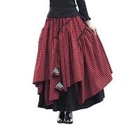 IDEALSANXUN Langer Faltenrock für Damen, elastischer Bund, Aline, Baumwolle, gefüttert, Retro-Maxi-Saum, kariert rot, Groß