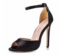 IDOBLO 11Cm Sexy Seiden Hochzeitsschuhe,Fischmaul Braut High Heel Sandalen,Flacher Mund Runde Zehe High Heels,Schwarz,38 EU