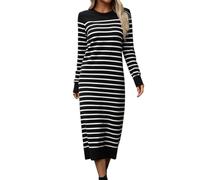 IDOPIP Damen Strickkleid Langarm Pulloverkleid Elegant Herbstkleid Winterkleid Gestreifter Midikleid mit Rundhalsausschnitt Casual Freizeitkleid Gestricktes Damenkleid schwarz XL