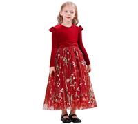 IDOPIP Kleider Mädchen Kinder Samtkleid Tüllkleid Langarm Prinzessin Kleid Weihnachten Blumenkleider Festlich Hochzeitskleid Elegant Partykleid Tutu Freizeitkleid Herbst Winter rot 11-12 Jahre